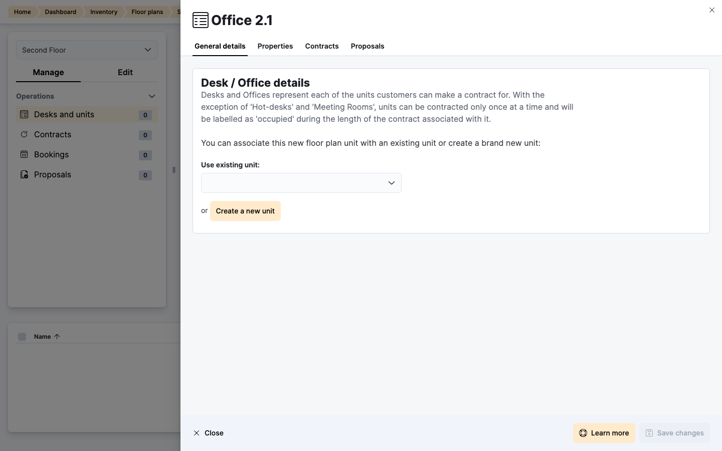 Desk / Office details panel with options to use an existing unit or create a new one