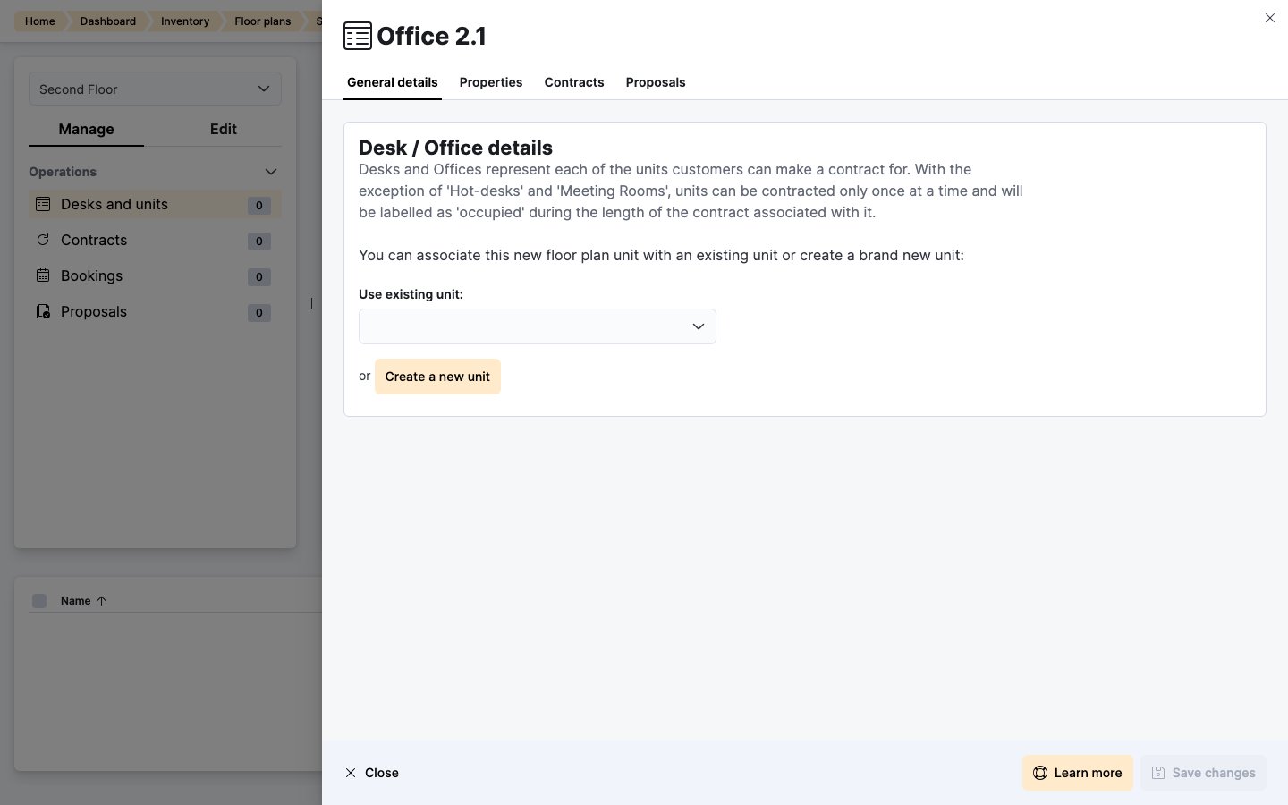 Desk / Office details panel with options to use an existing unit or create a new one