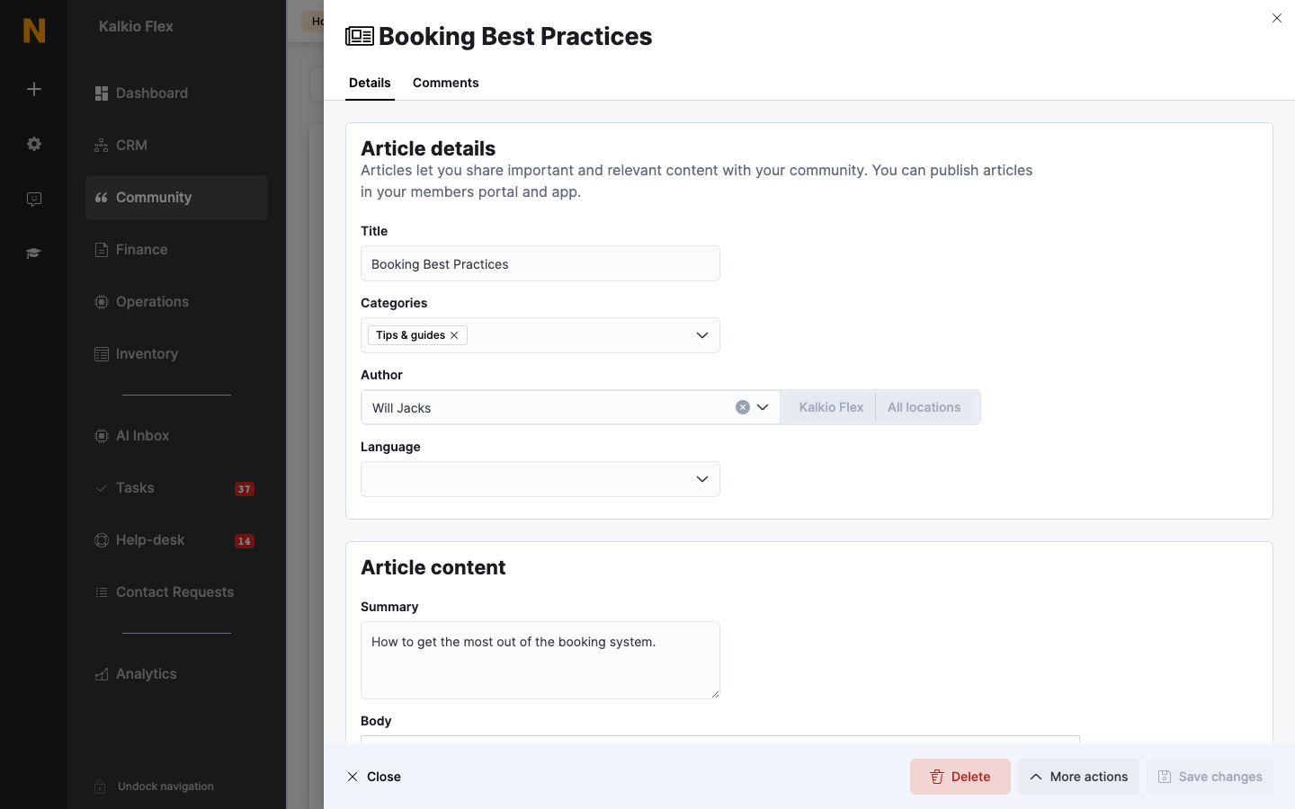 The Details tab of an article