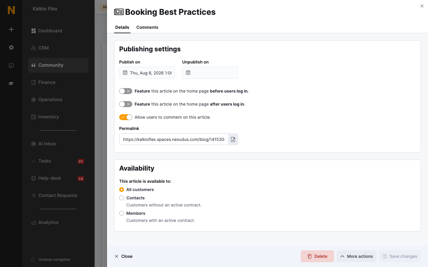 Publishing and availability settings for an article