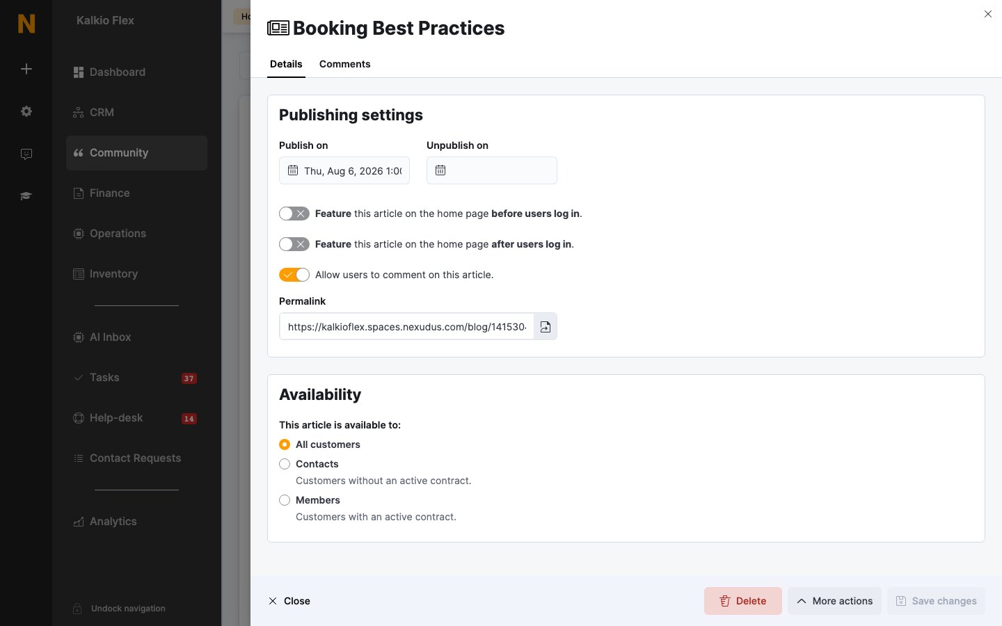 Publishing and availability settings for an article
