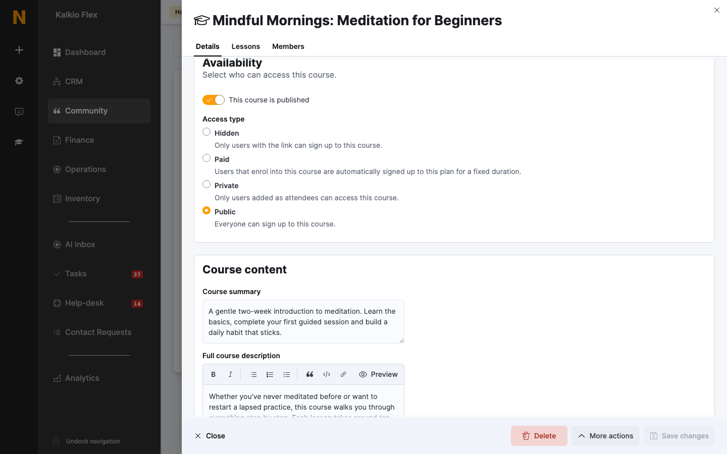 Availability settings for a course