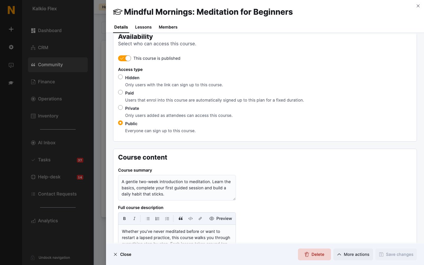 Availability settings for a course