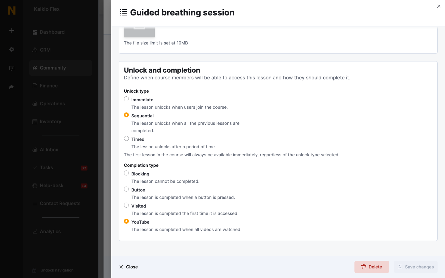 Unlock and completion settings for a lesson