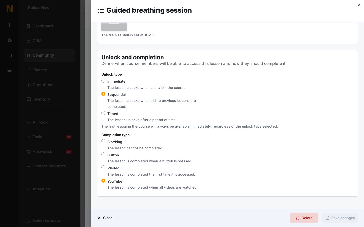 Unlock and completion settings for a lesson