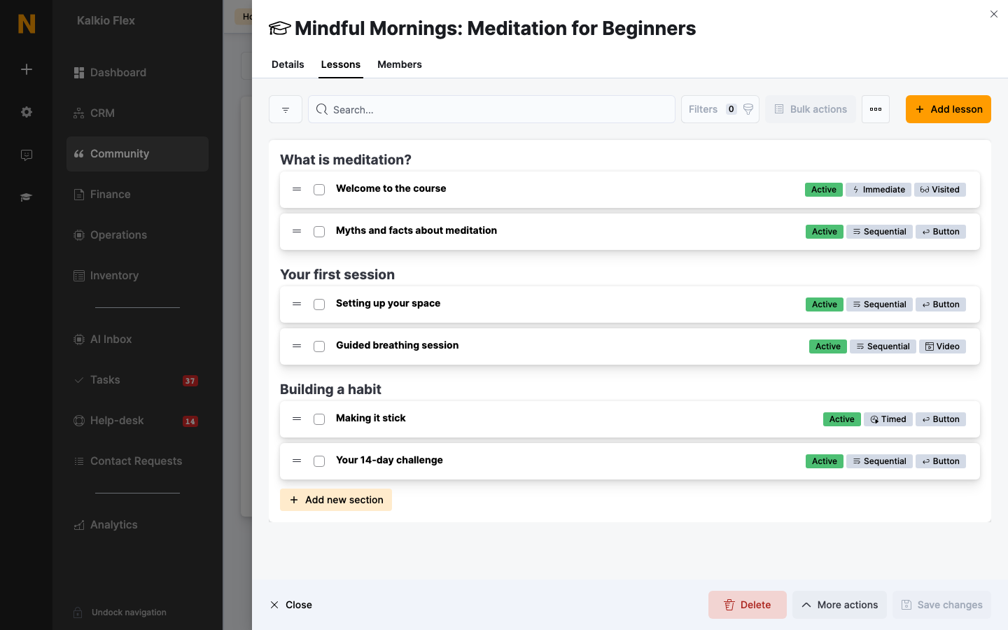 Sections and lessons on the Lessons tab