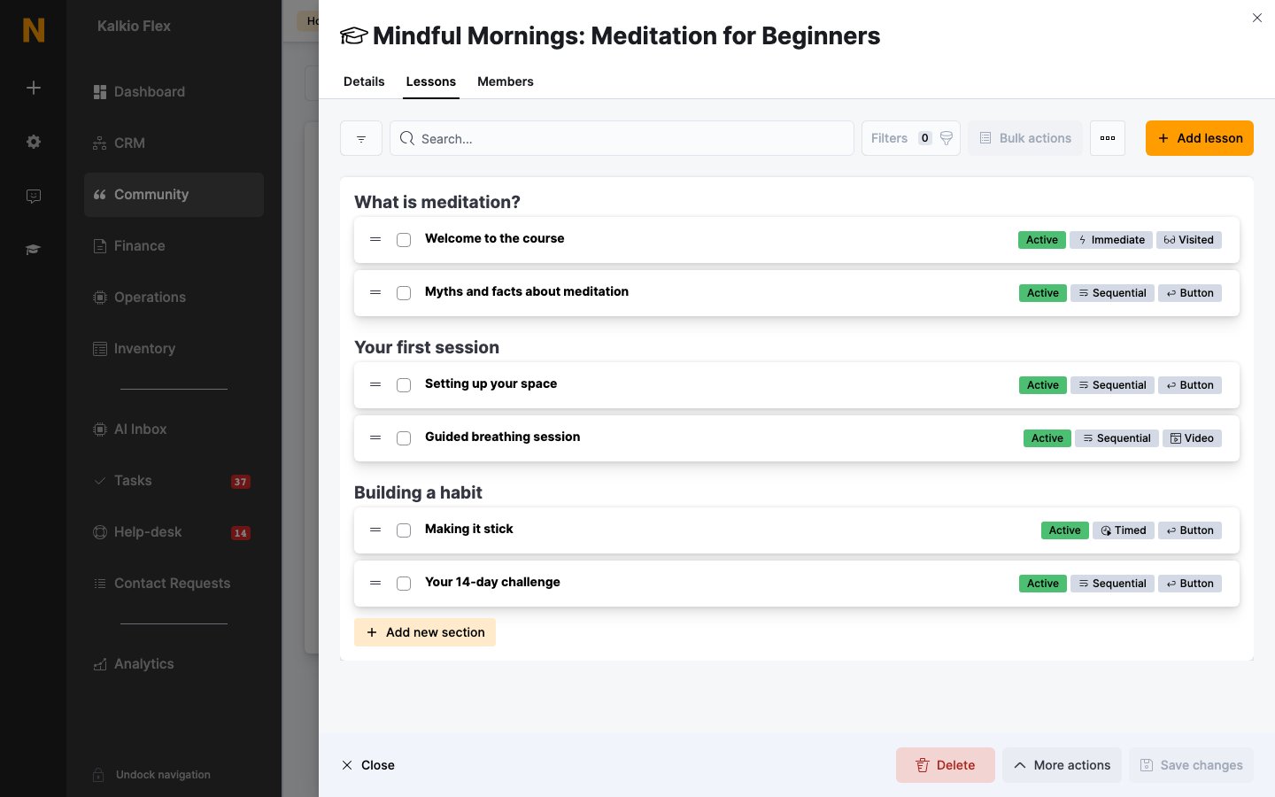 Sections and lessons on the Lessons tab