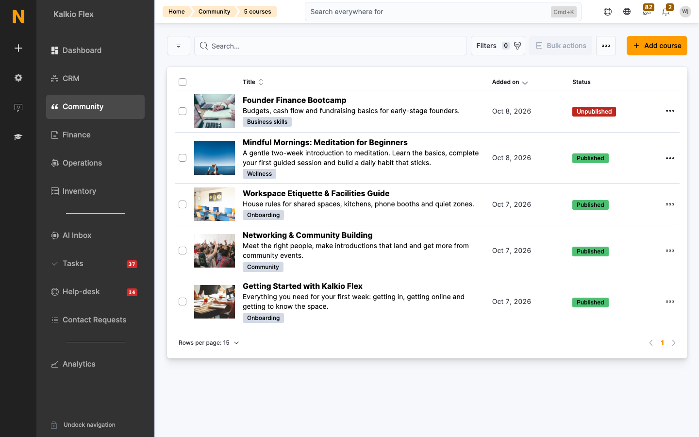 The Courses list