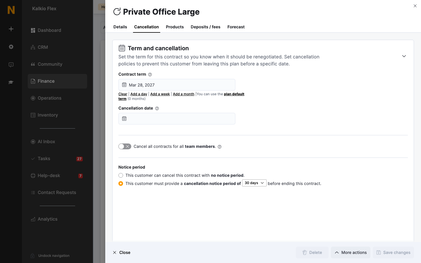 The Cancellation tab of a contract
