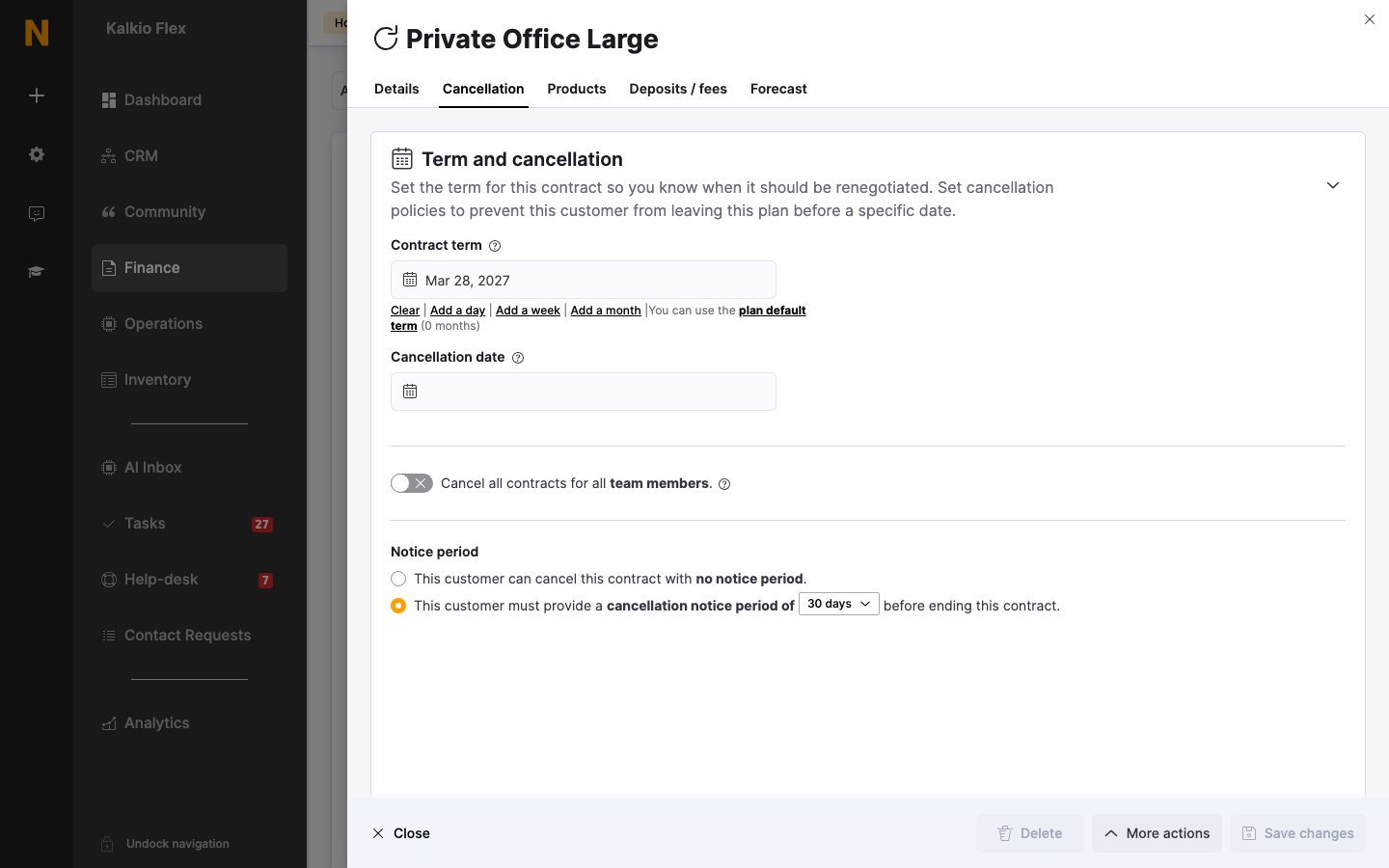 The Cancellation tab of a contract