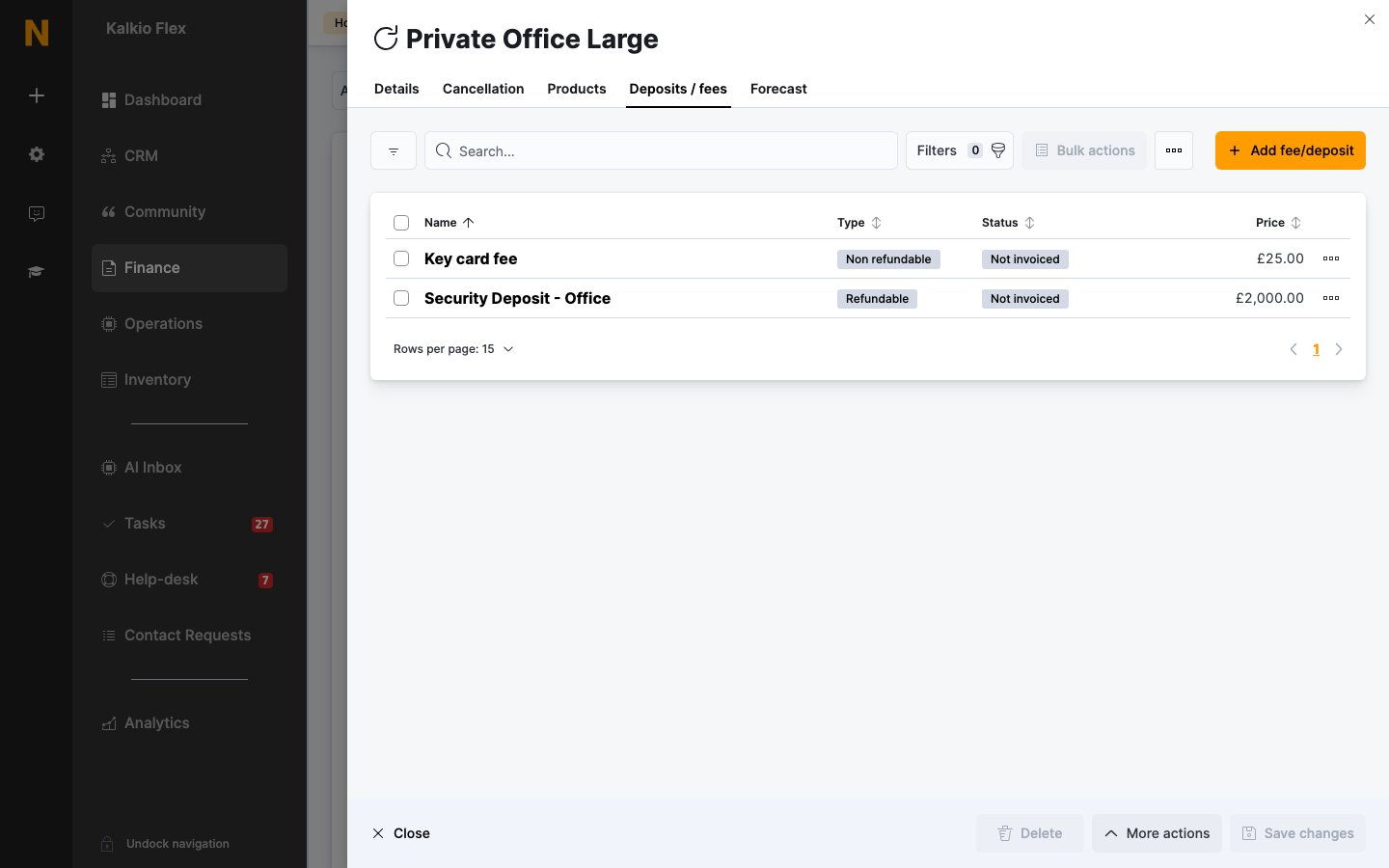 The Deposits / fees tab of a contract