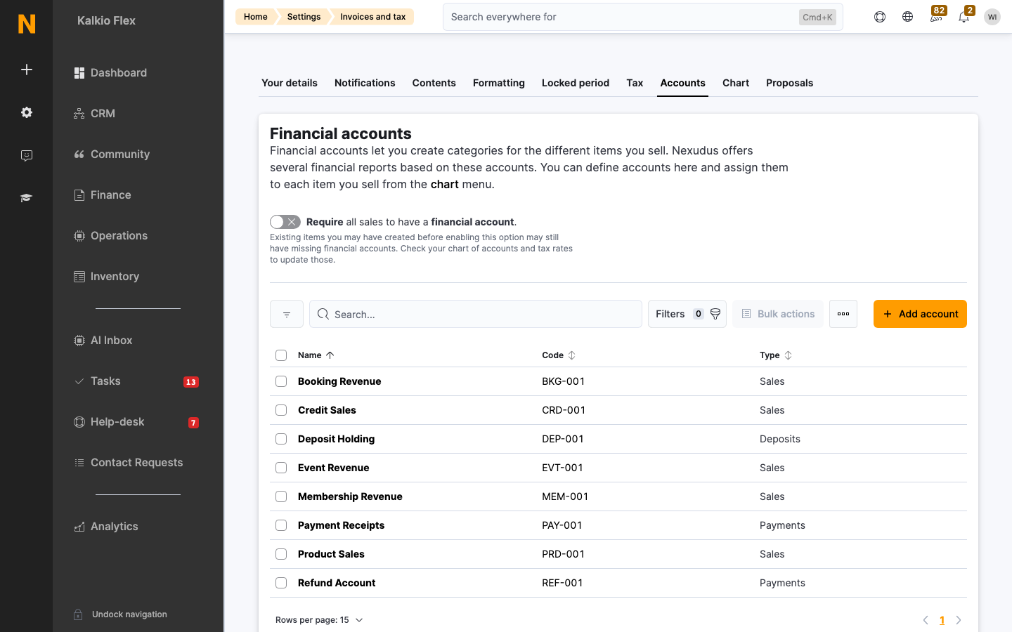 The Accounts tab in Invoices and tax settings