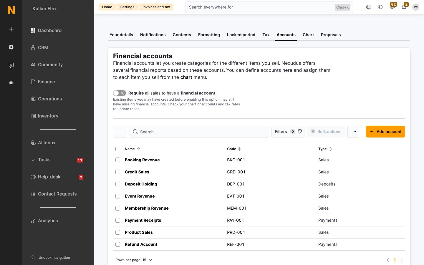 The Accounts tab in Invoices and tax settings