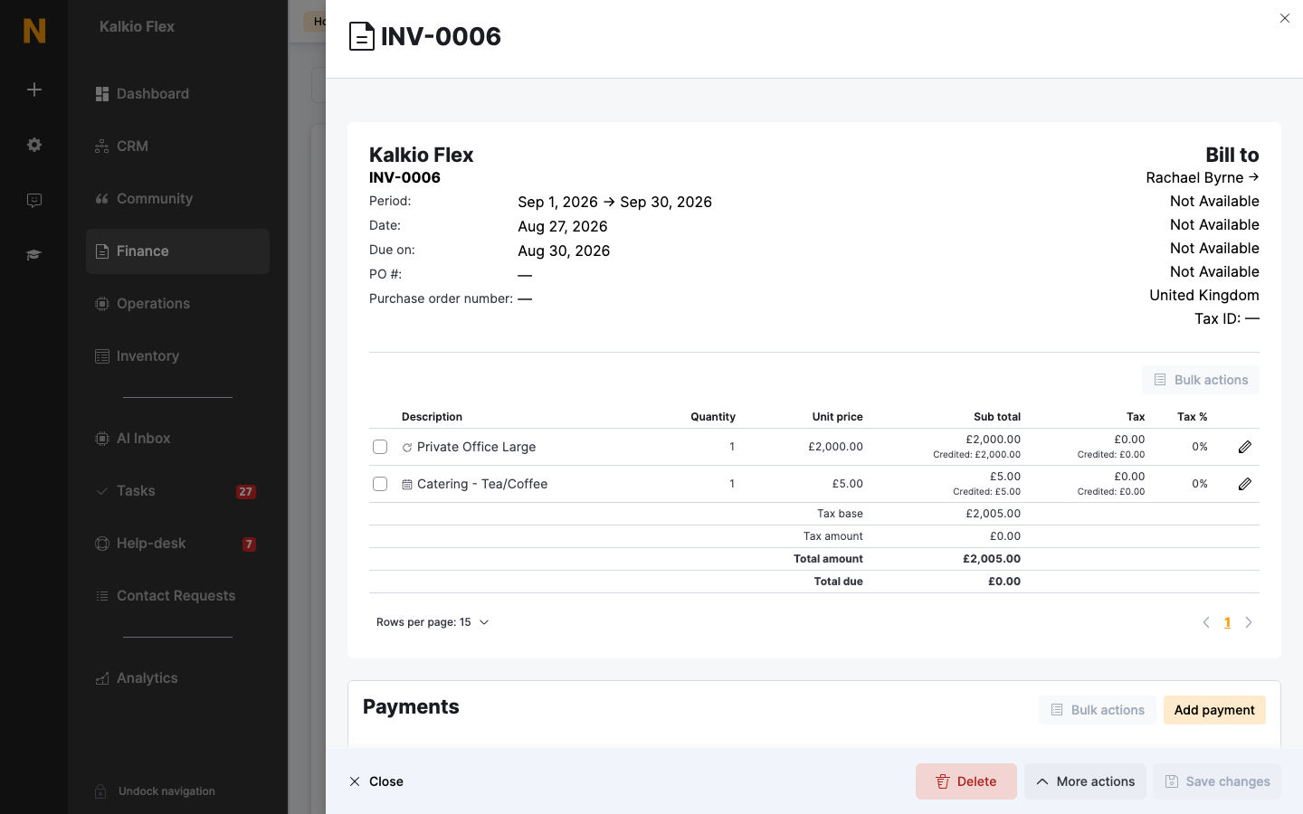 An invoice open in the dashboard