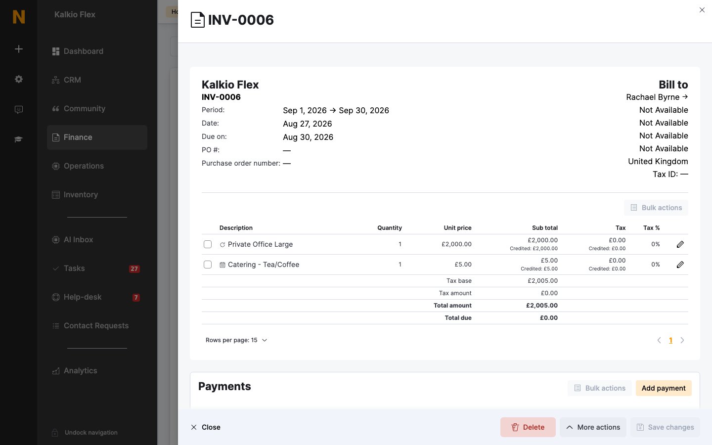 An invoice open in the dashboard