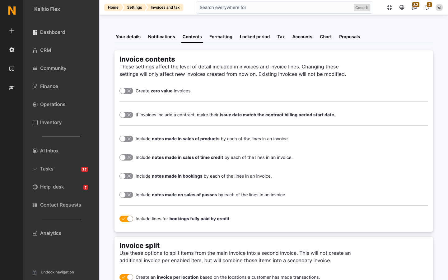 The Contents tab in Invoices and tax settings