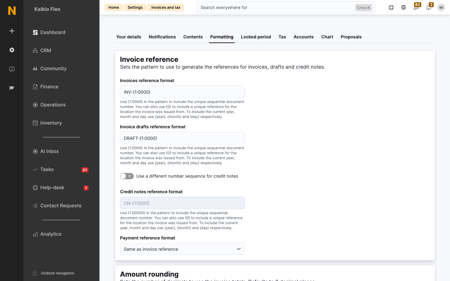 The Formatting tab in Invoices and tax settings