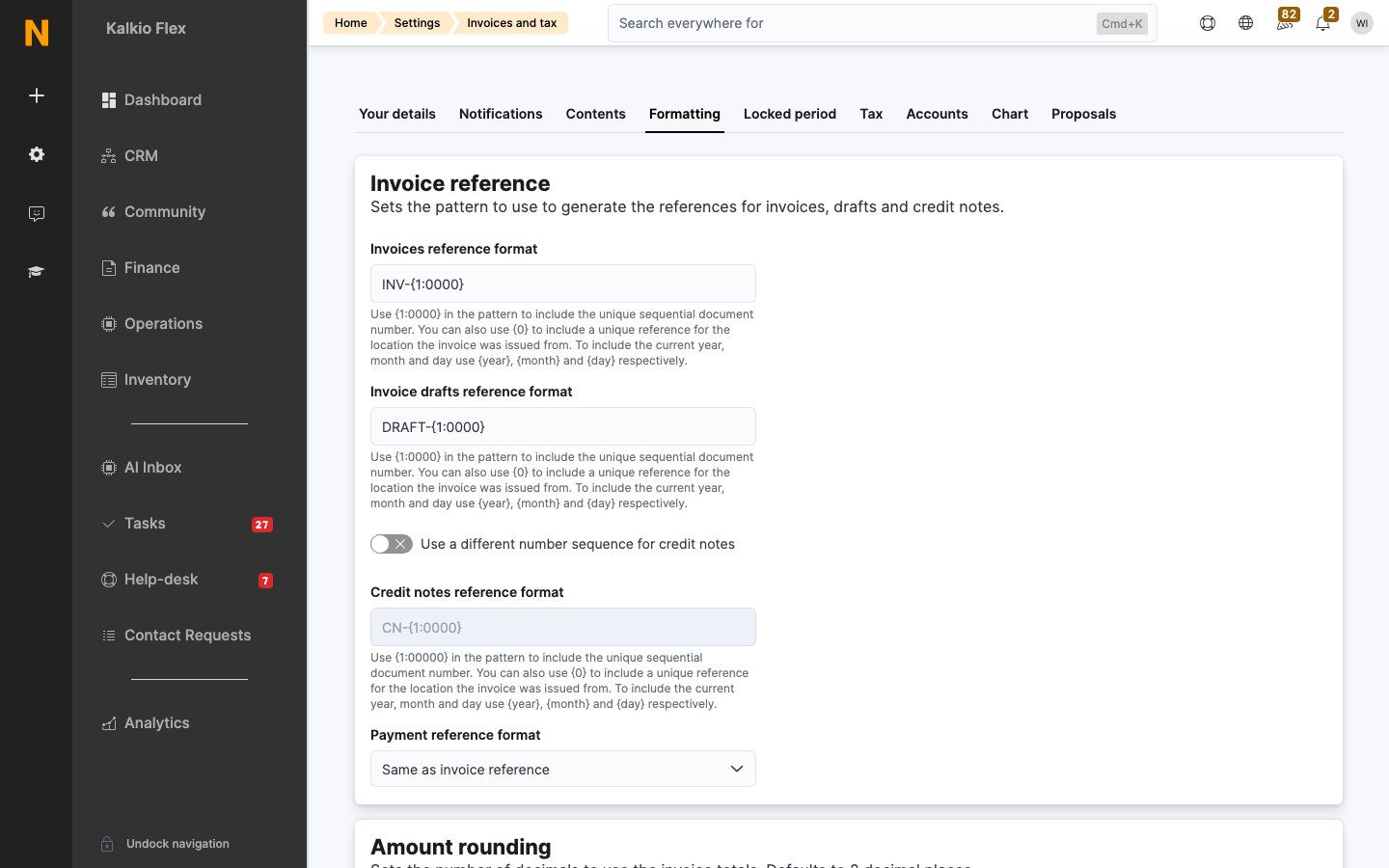 The Formatting tab in Invoices and tax settings