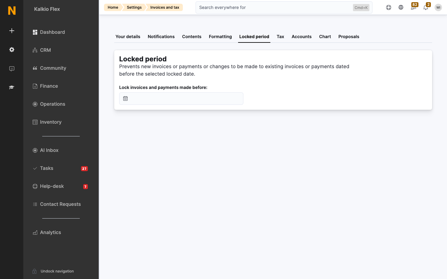 The Locked period tab in Invoices and tax settings