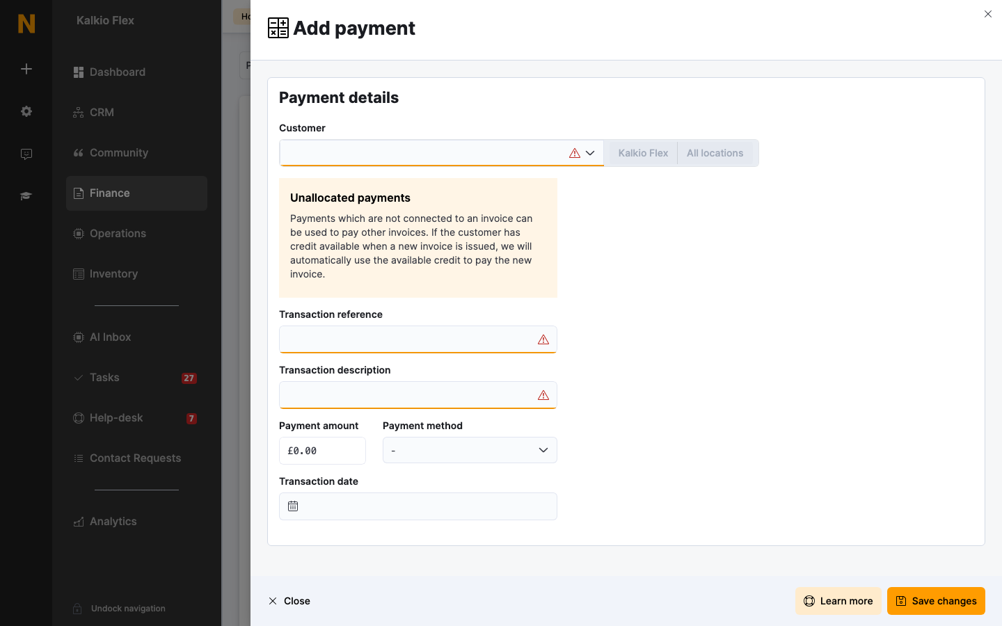 The Add payment form