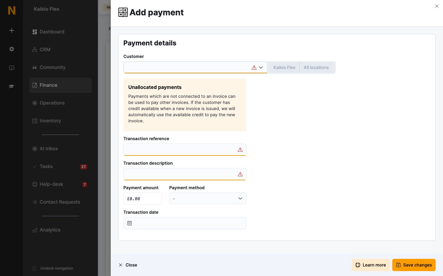 The Add payment form