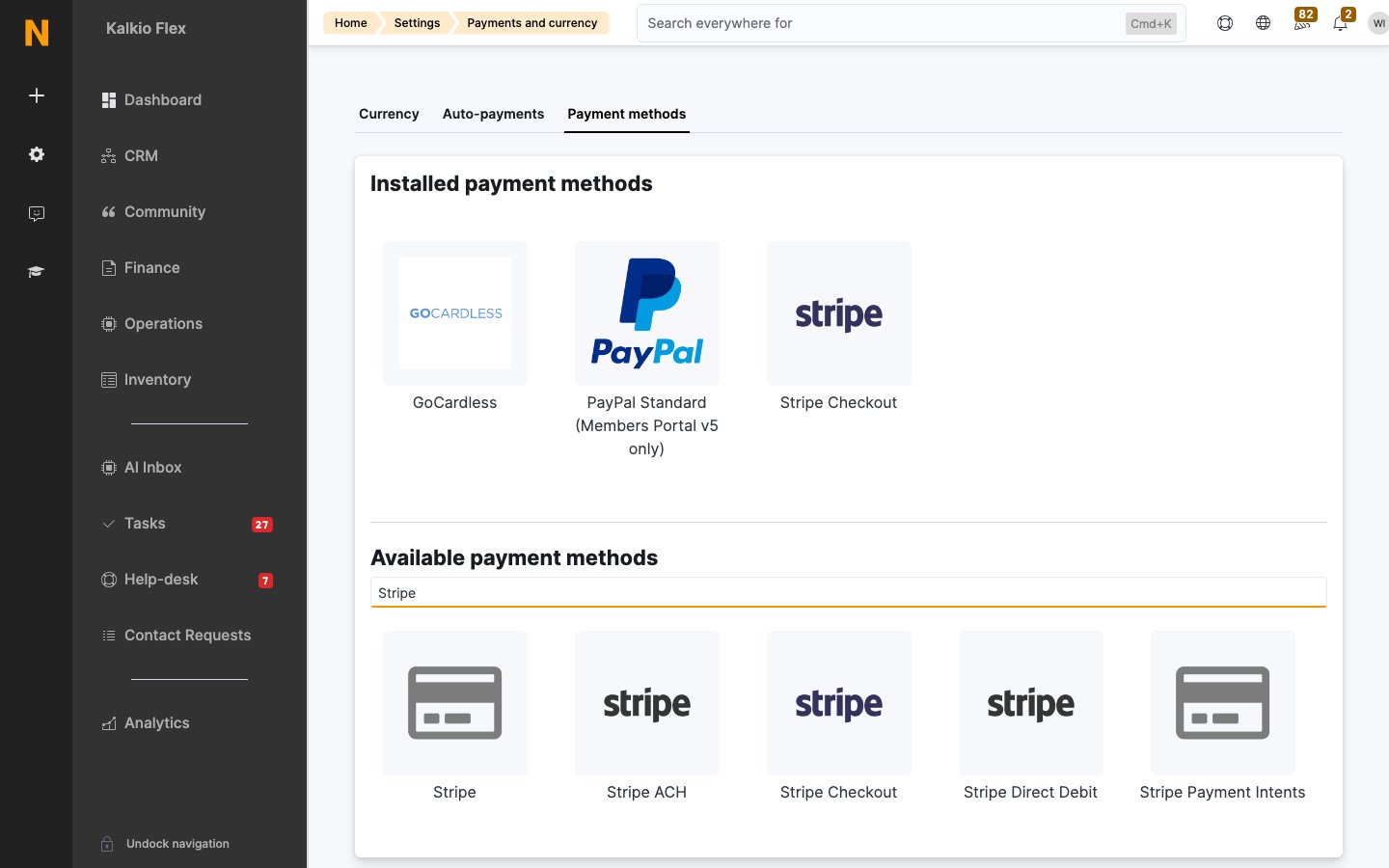 Payment methods tab