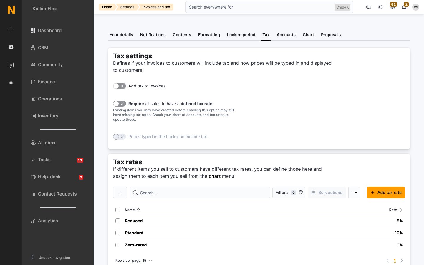 The Tax tab in Invoices and tax settings