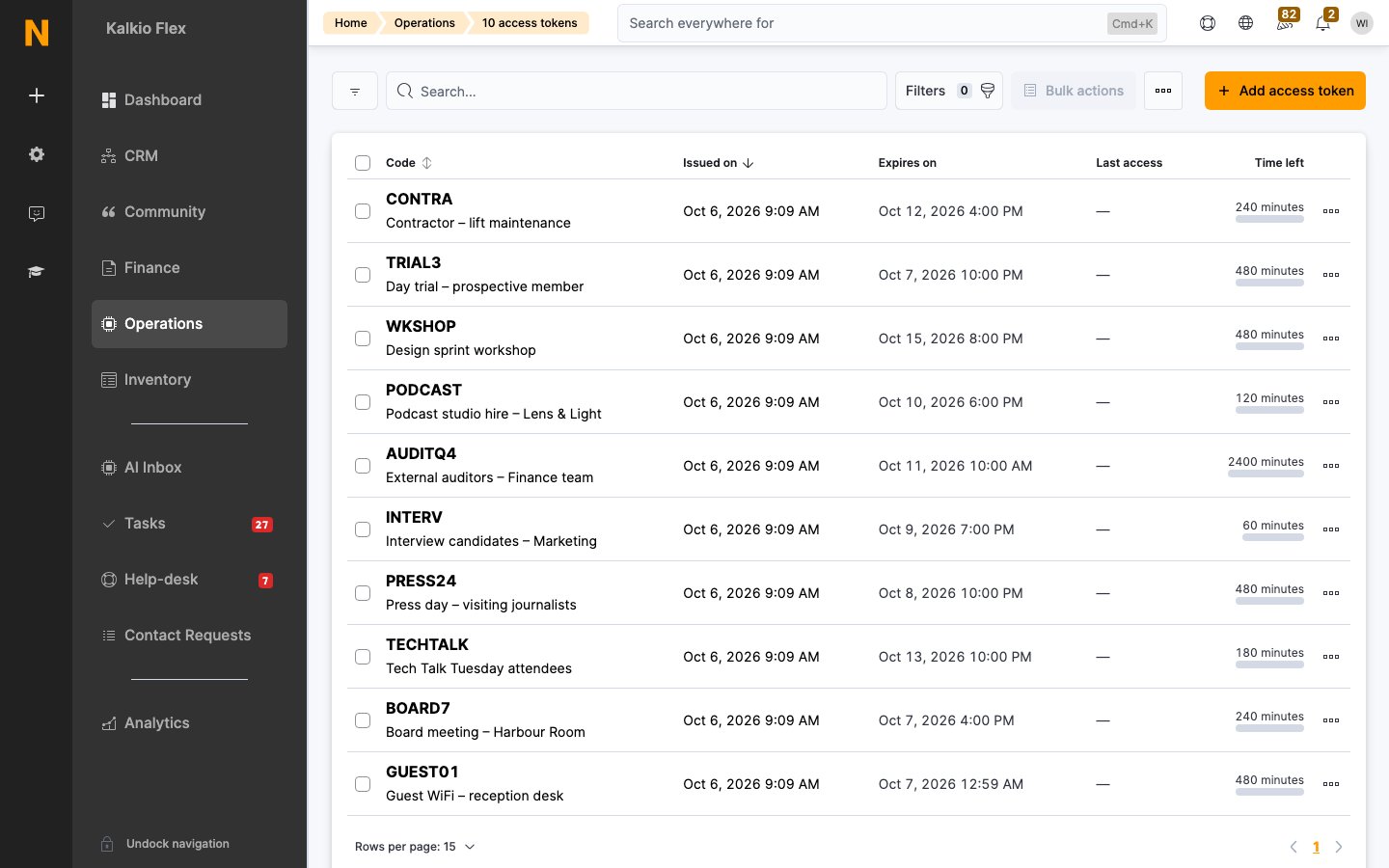 WiFi access tokens list