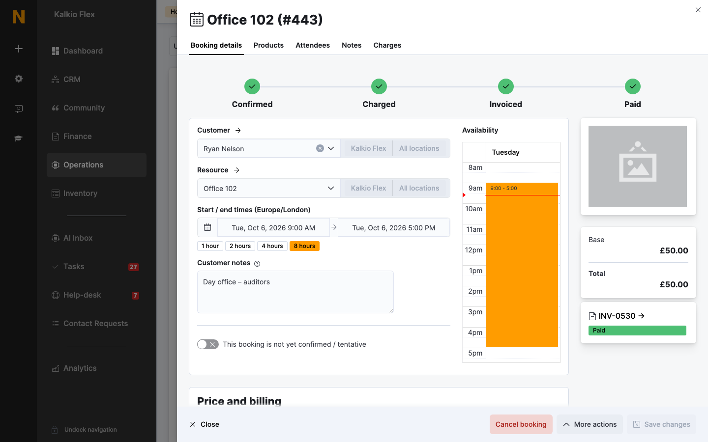A booking's details, with its status steps and price