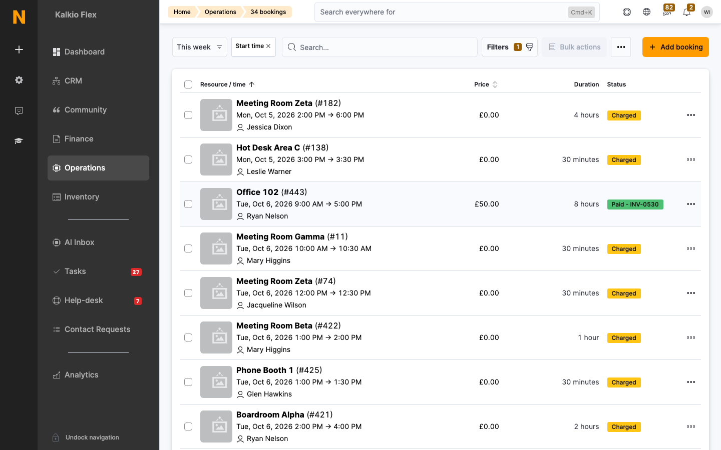 The bookings list