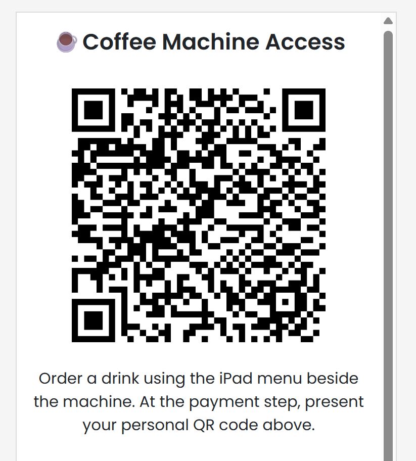 Example custom page titled Coffee Machine Access showing the customer's personal QR code