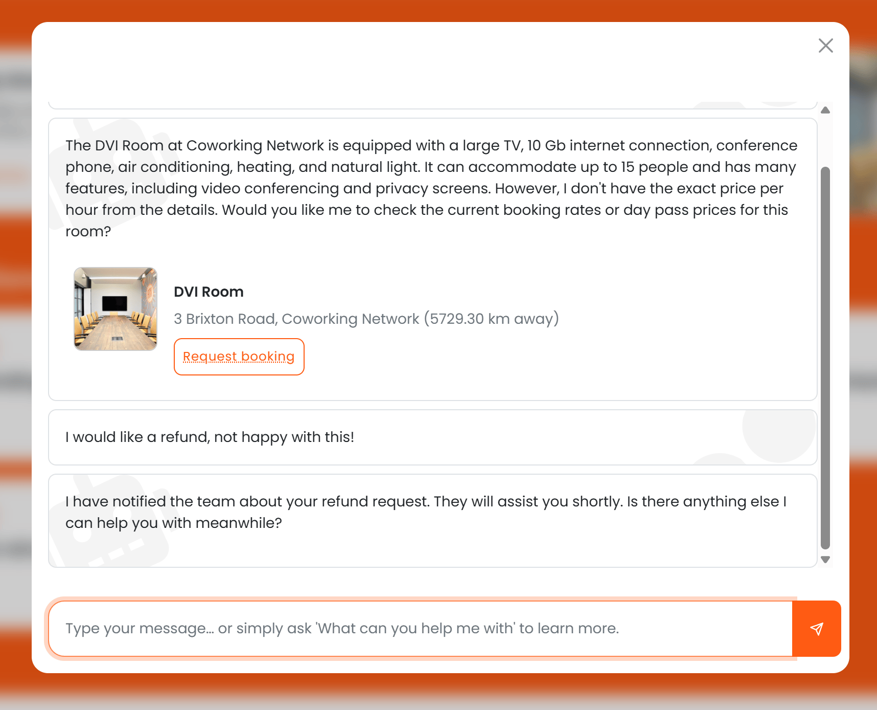 Chat showing the AI informing the user that a human agent has been notified