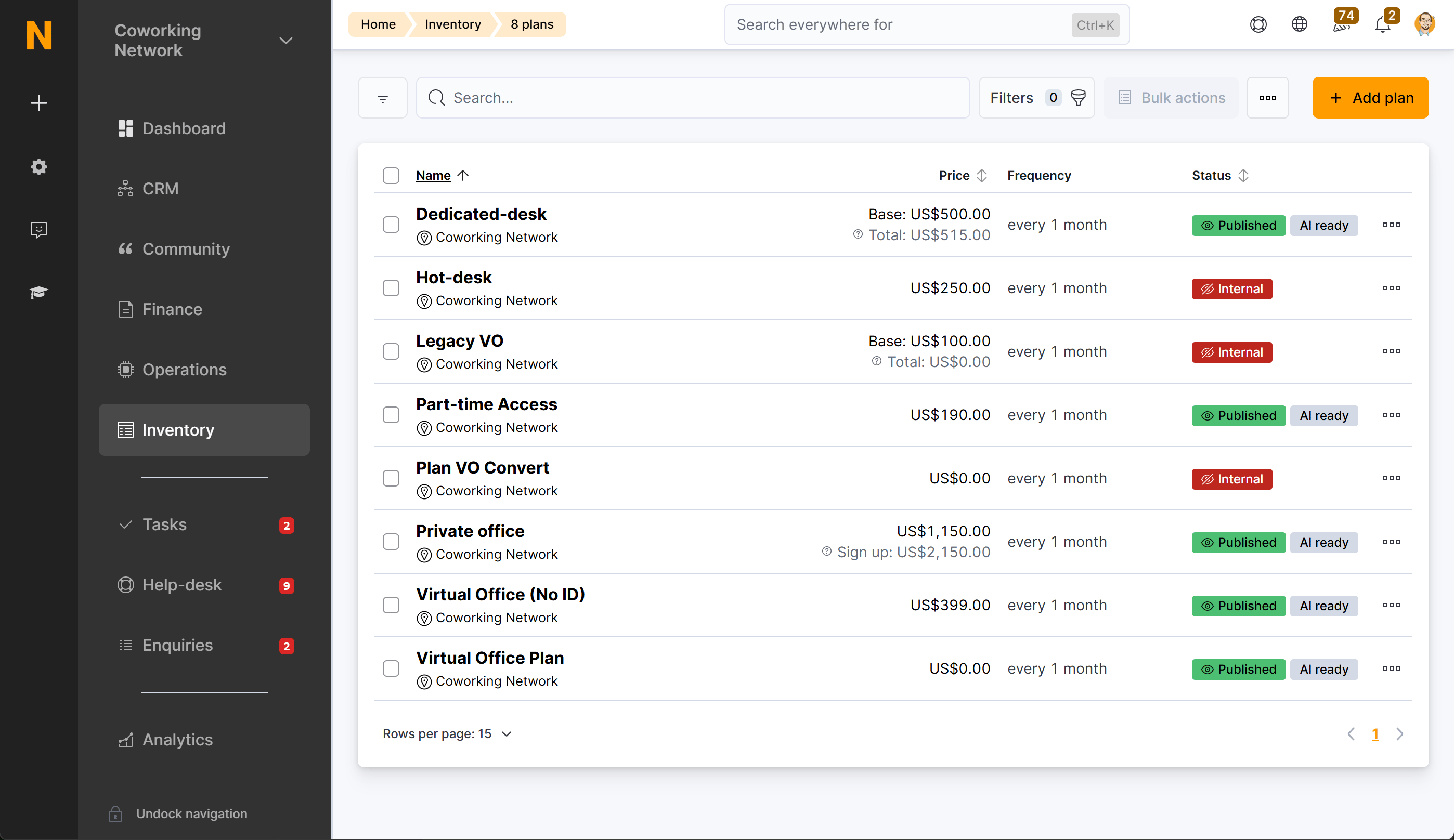 Membership plans list showing AI Ready badge on enabled plans