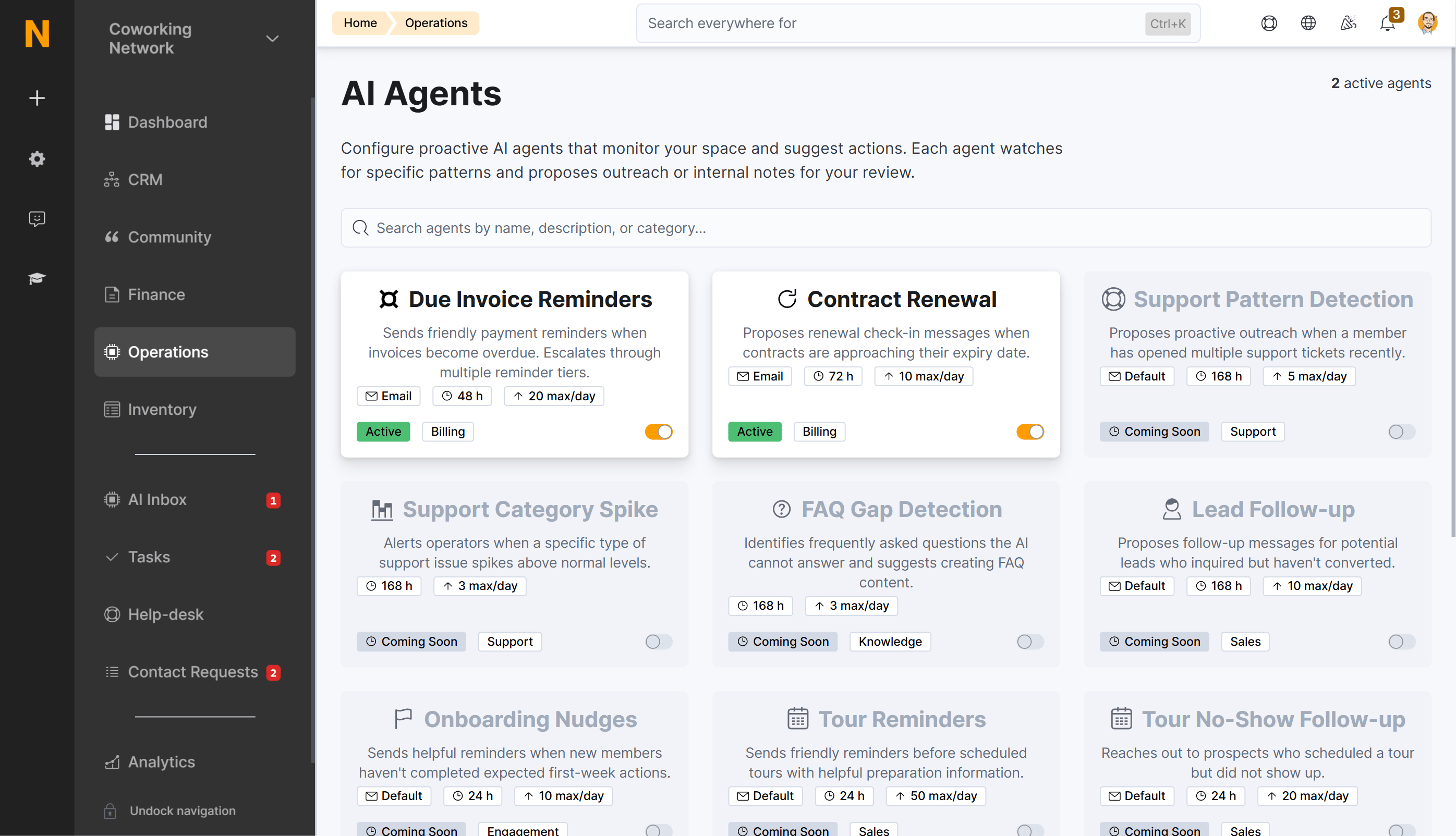 AI Agents configuration grid showing all available agents