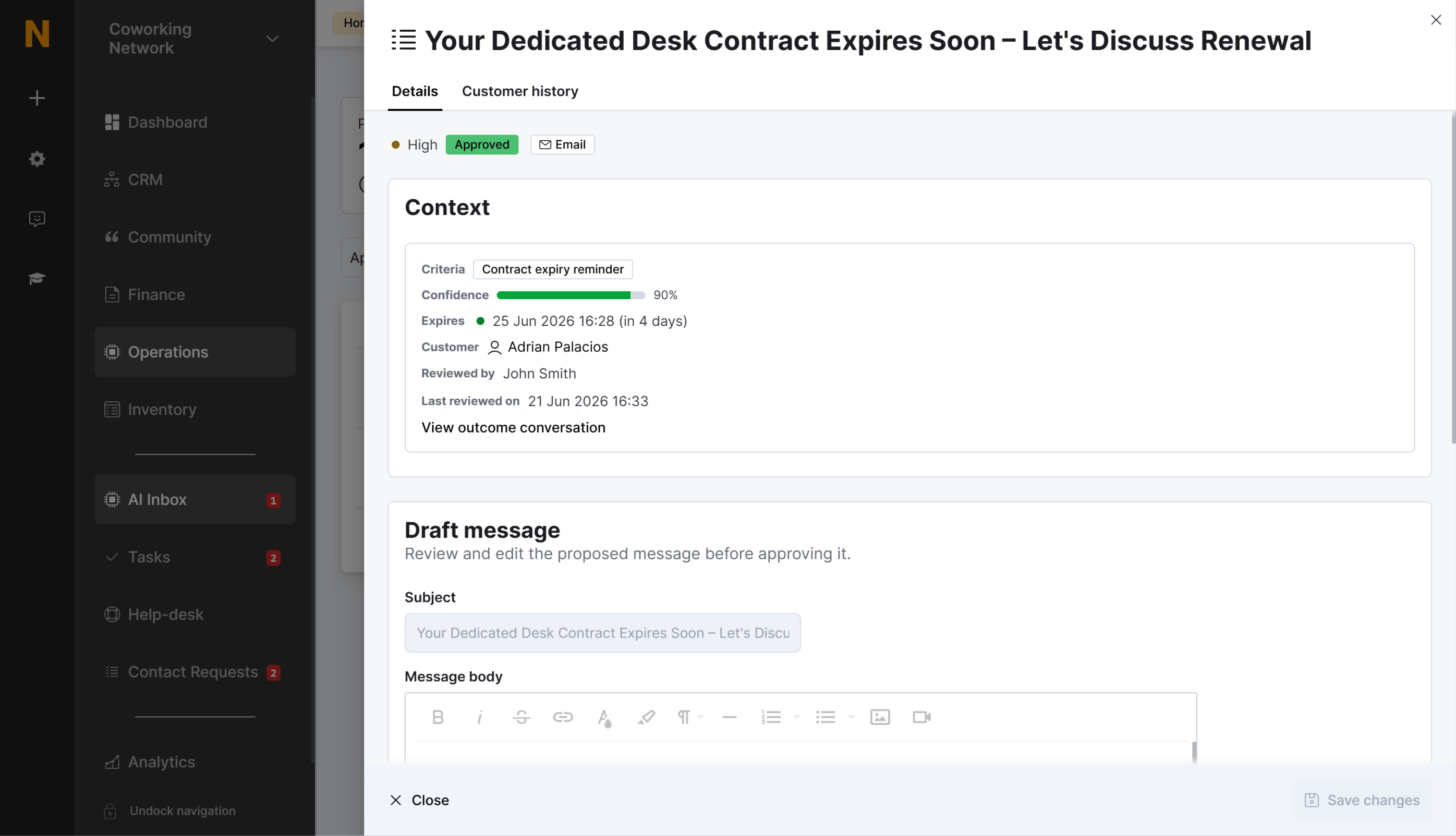 AI Inbox action detail panel with context, message draft, and action buttons