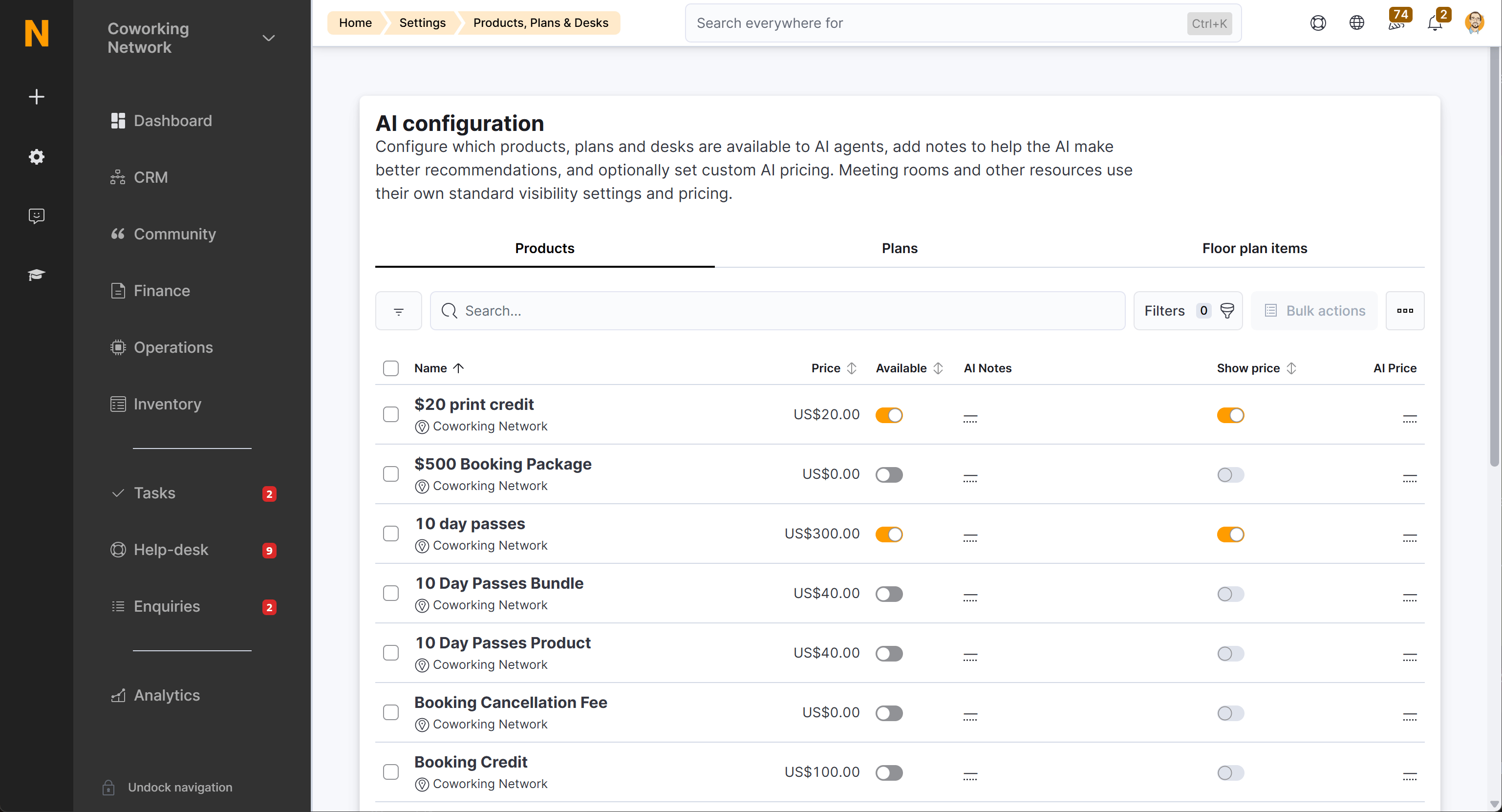 AI Items settings page showing the Products tab with inline toggles and editors for each AI field