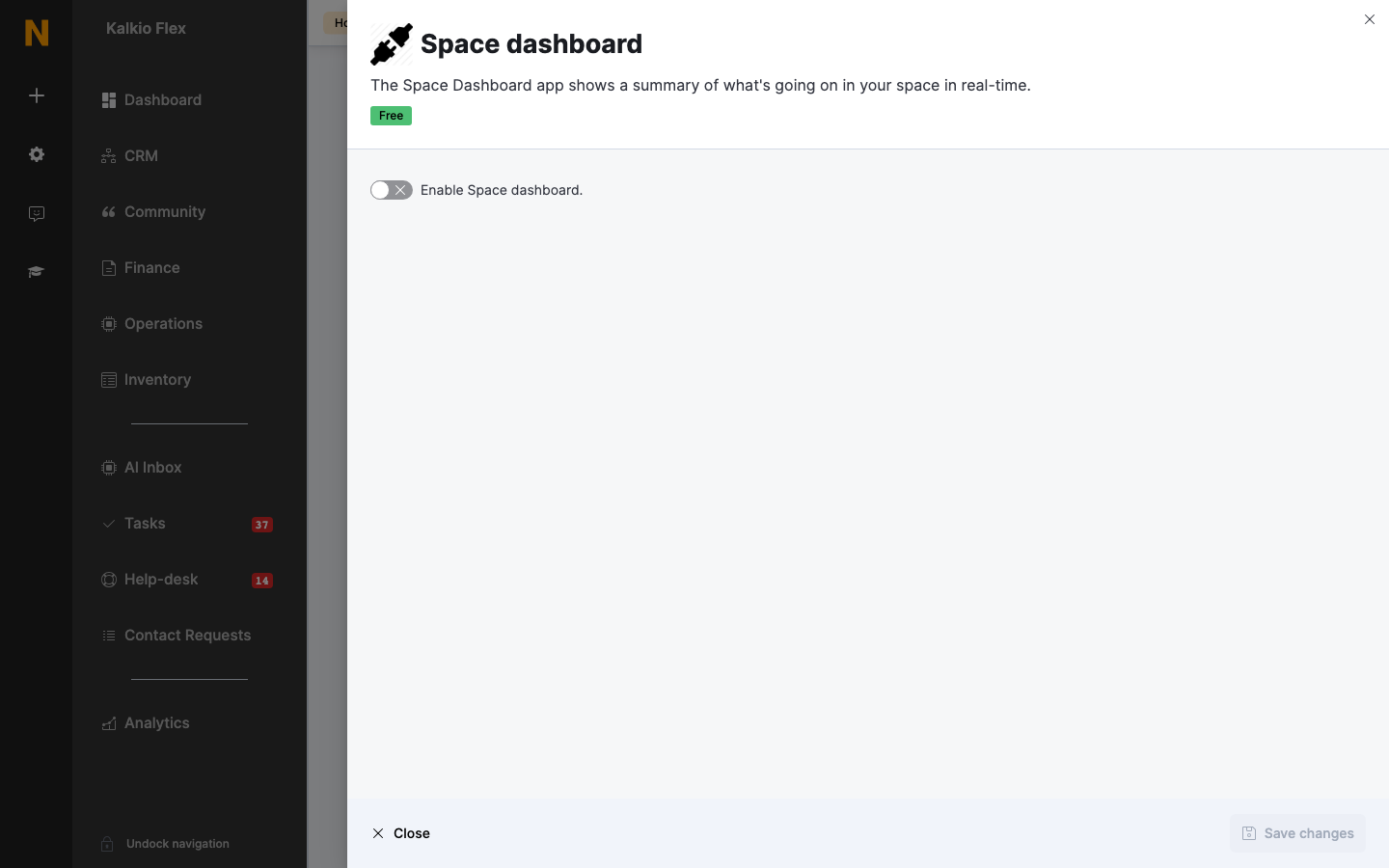 Space dashboard settings