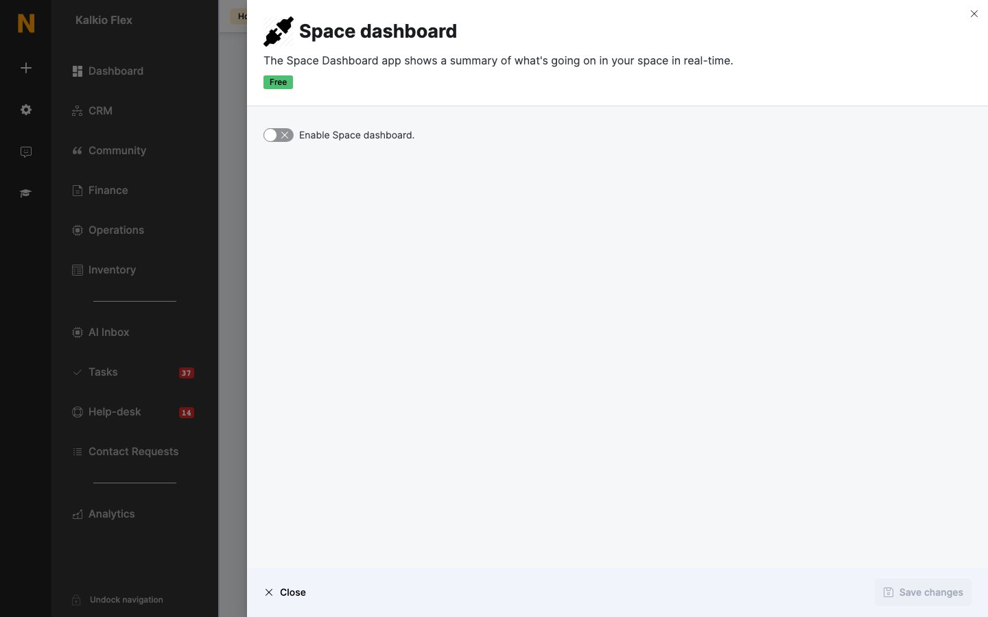 Space dashboard settings