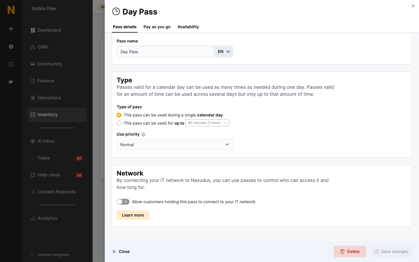 The Network setting on a pass