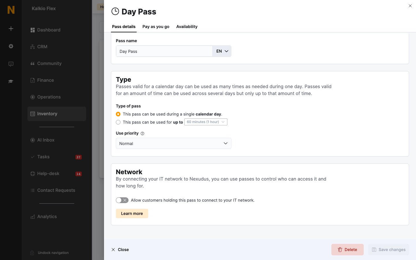 The Network setting on a pass