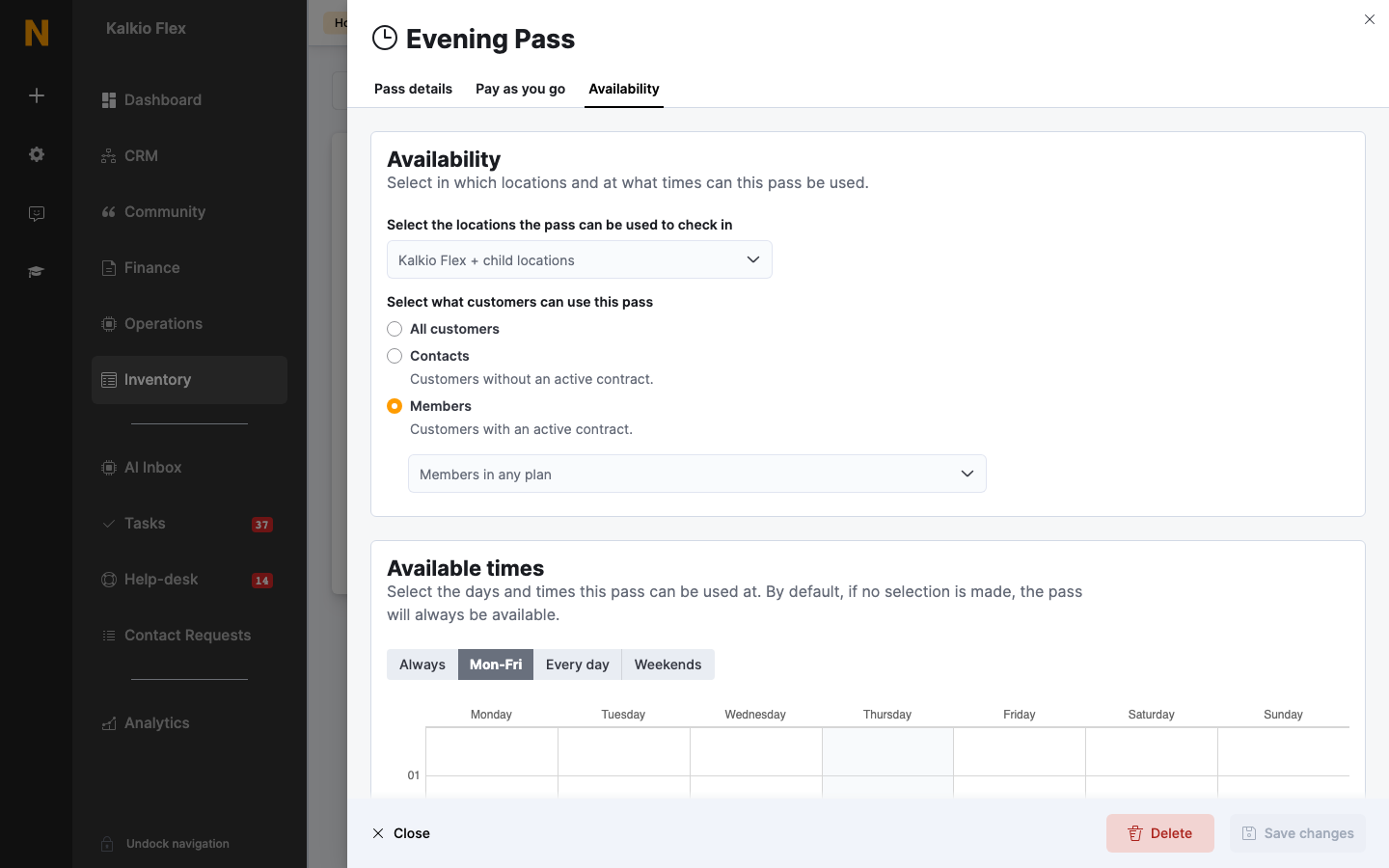 Availability settings for a pass