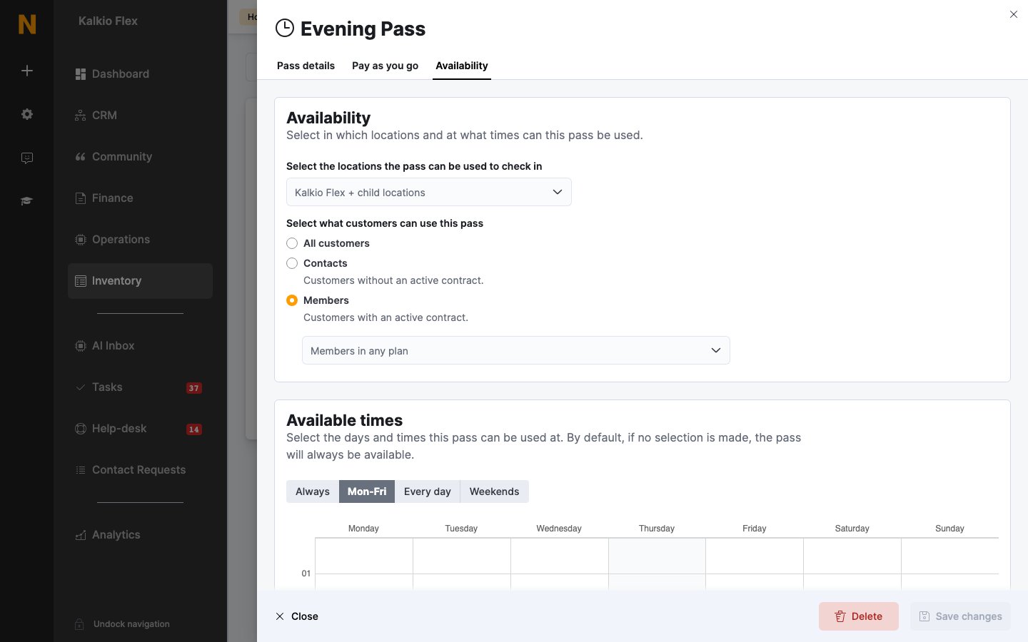 Availability settings for a pass