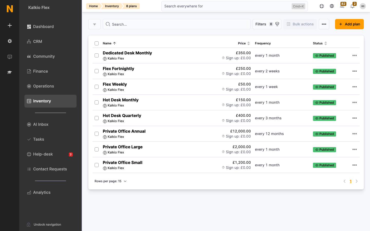 Plans list in Inventory with the Add plan button
