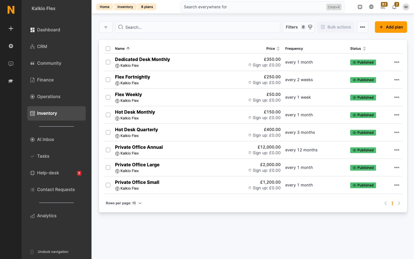 Plans list in Inventory with the Add plan button
