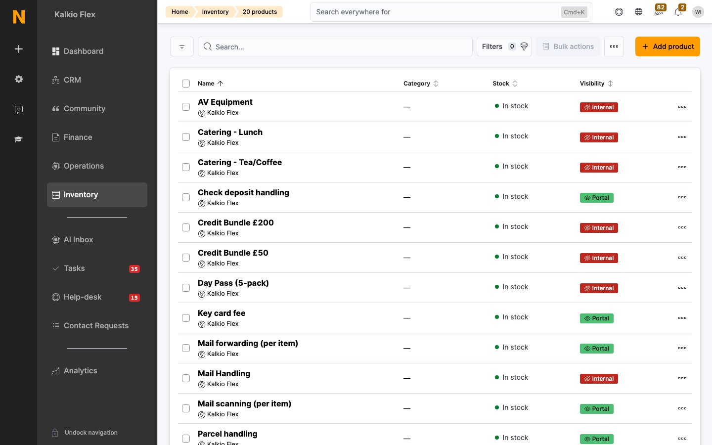 Products list in Inventory showing Portal and Internal visibility, with the Add product button