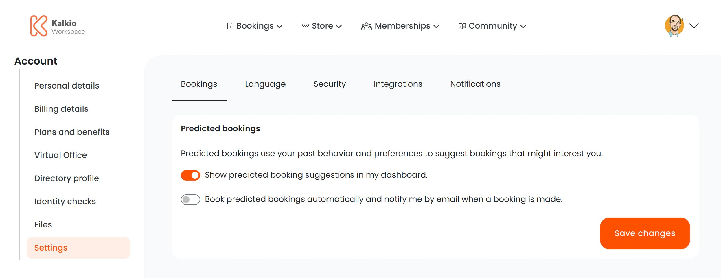 Booking settings page with predicted bookings toggles