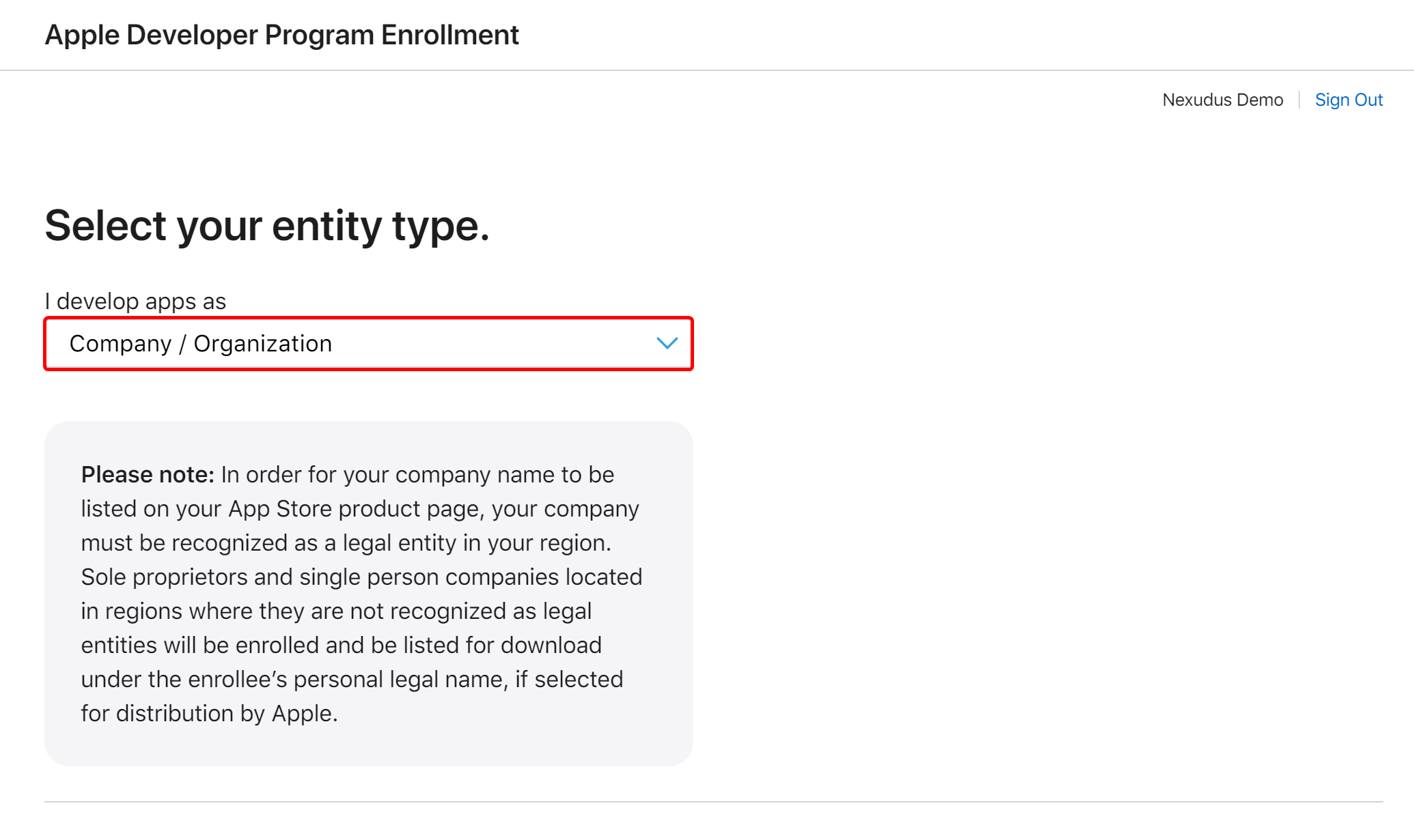 Apple Developer Organization Choice