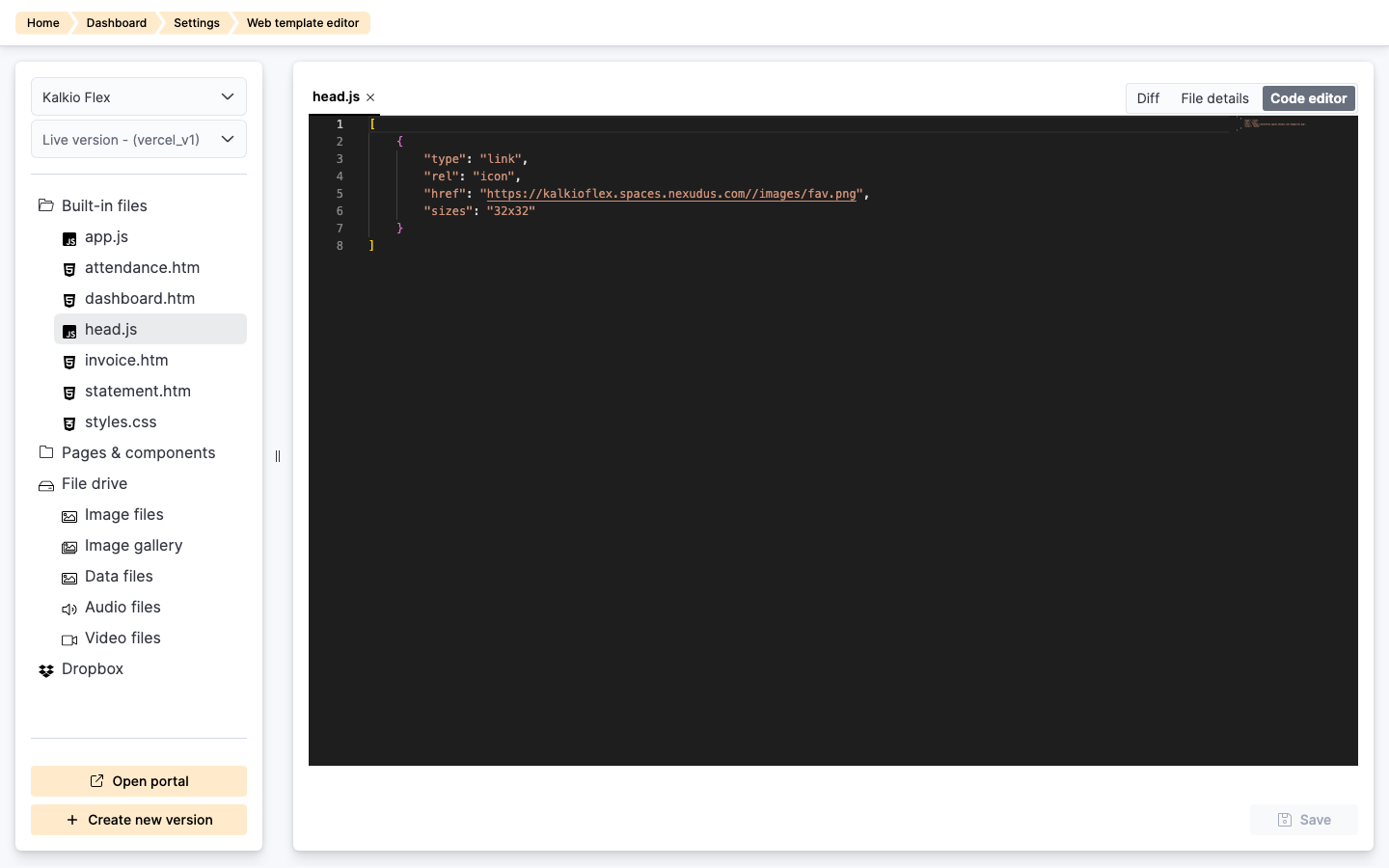 head.js open in the Web Template Editor, containing a single link element for a 32x32 favicon