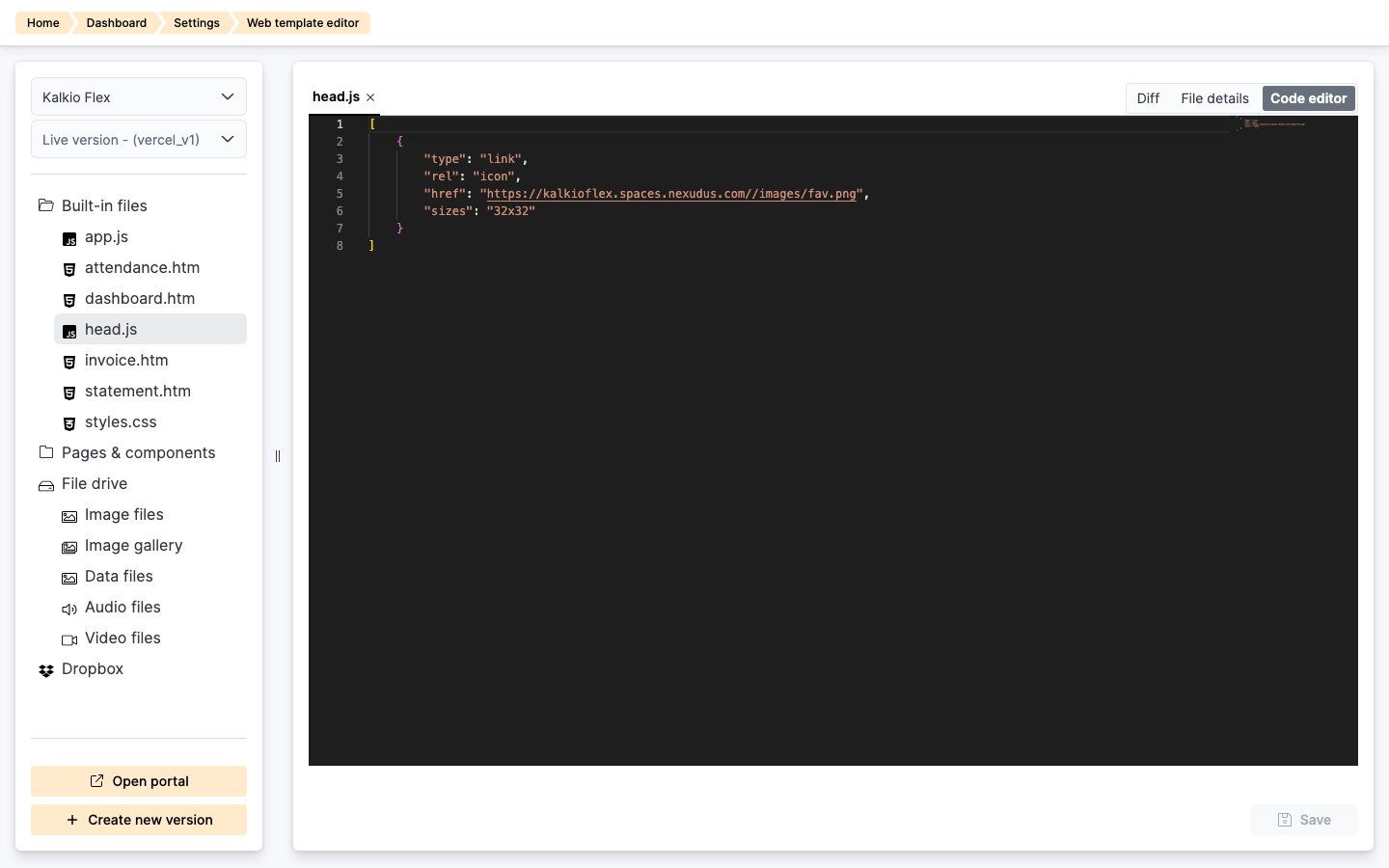 head.js open in the Web Template Editor, containing a single link element for a 32x32 favicon