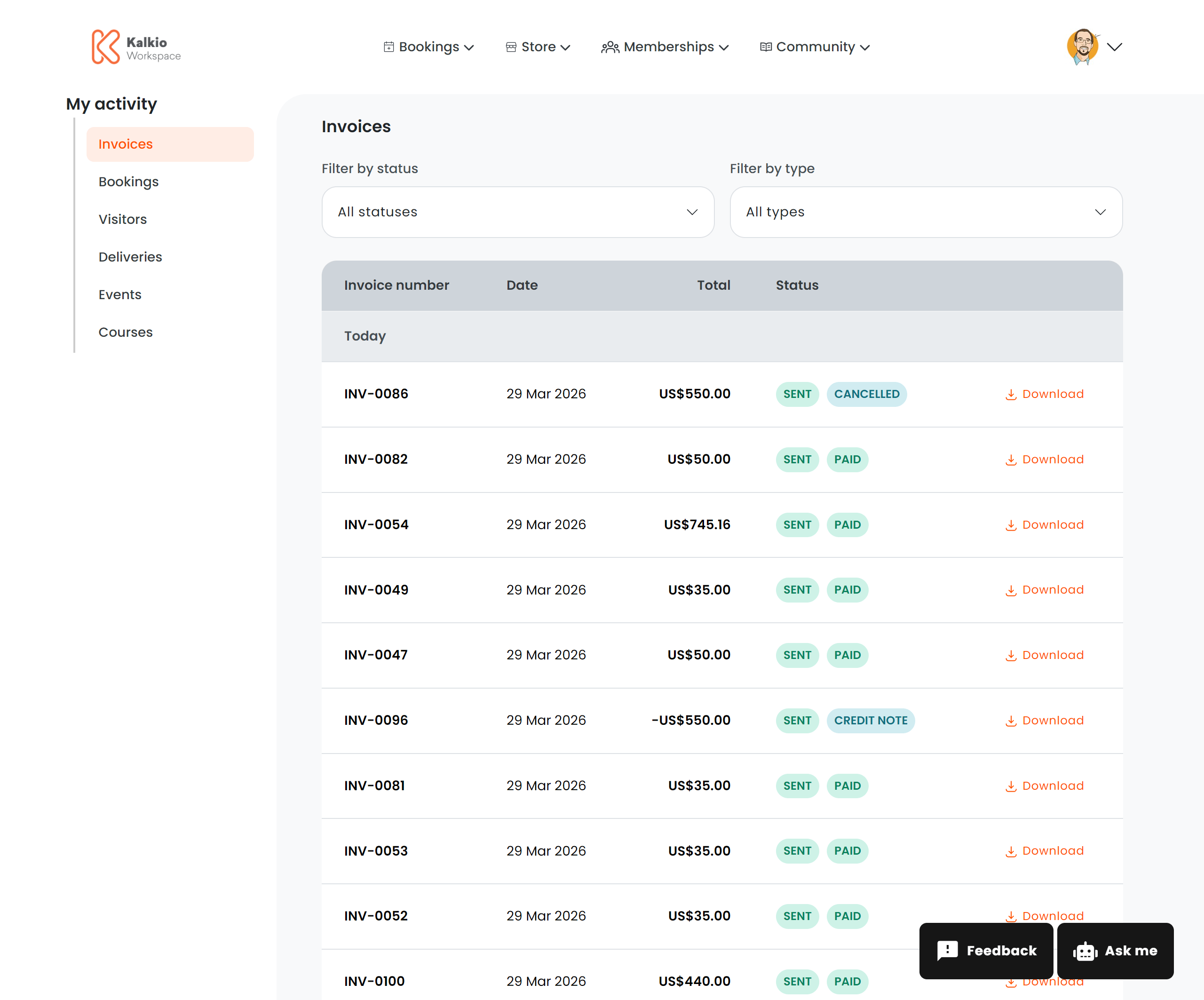 My Invoices page